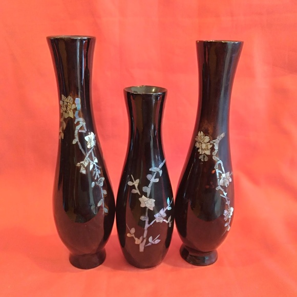 Trio of Black Wooden Vases Mother of Pearl